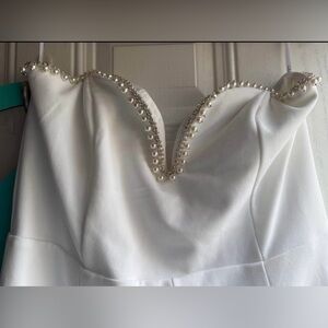 Lulu's White Pearl-Trimmed Strapless jumpsuit